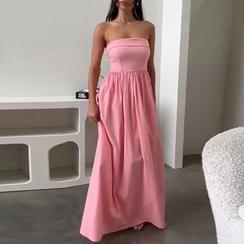 nvxiot  -  Elegant Women's Off Shoulder Pleated Dress Fashion Sleeveless Solid Color Long Dress Sexy Strapless High Waist Party Dress