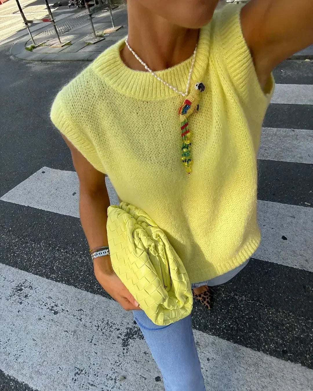 MQTIME  - Casual Sleeveless Loose Knitted Pullover Tops Elegant Yellow O-neck Vests Women 2024 Autumn Female Commuting Jumper Sweaters