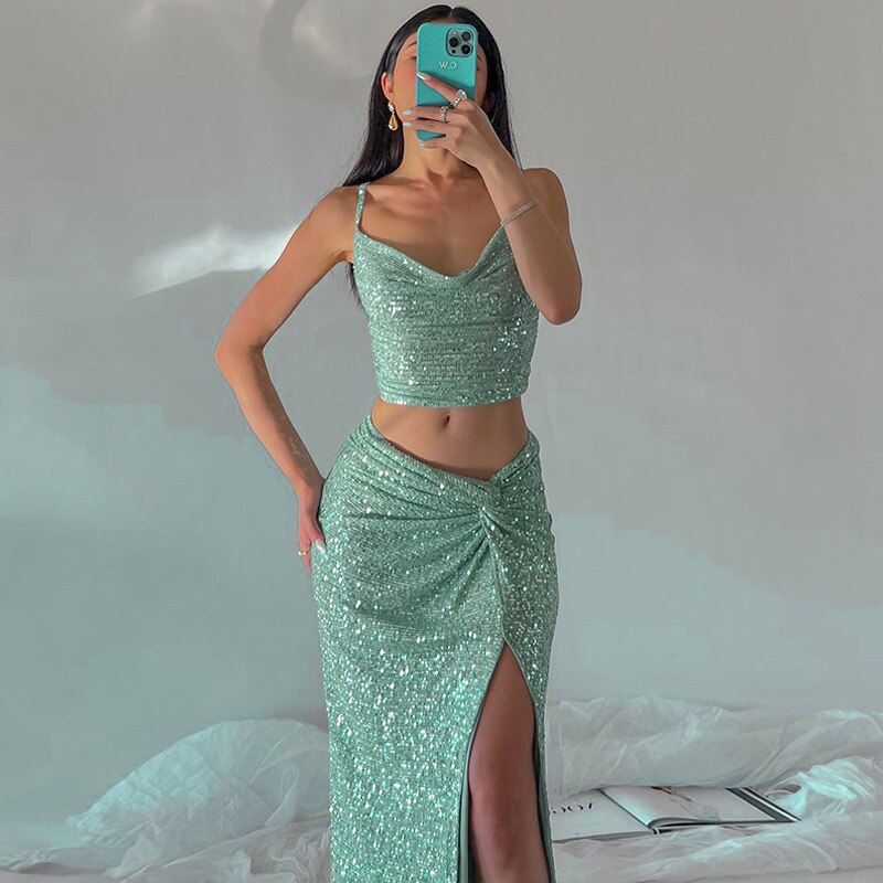 nvxiot Dress Women Summer Swimsuit For Beach Cover Up Sequins New Sling Vest Split Skirt Leisure Suit Solid Spandex Pareo Sarongs