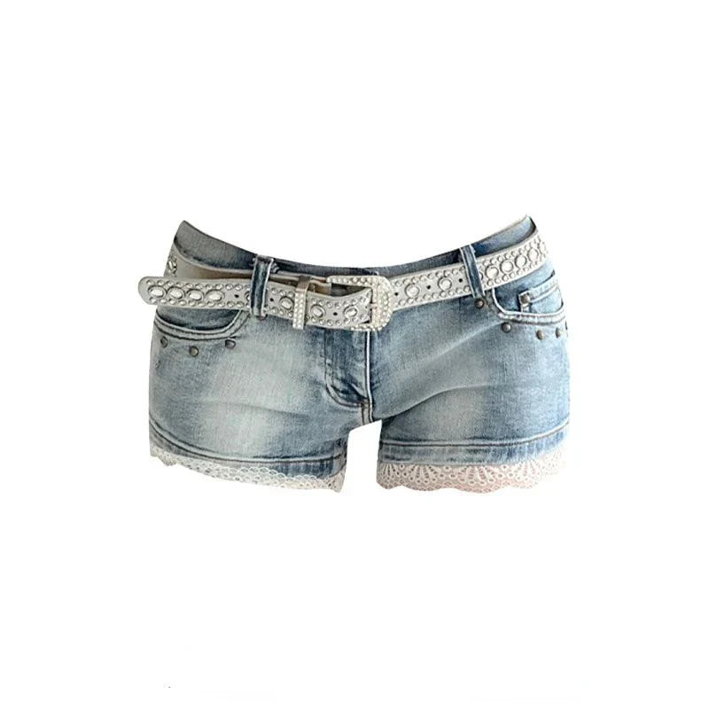 MQTIME  -  Y2k 2000s Vintage Lace Blue Jean Shorts Women Slim Sexy Short Pant Denim Clothes Bodycon Summer Streetwear Summer Korean Fashion