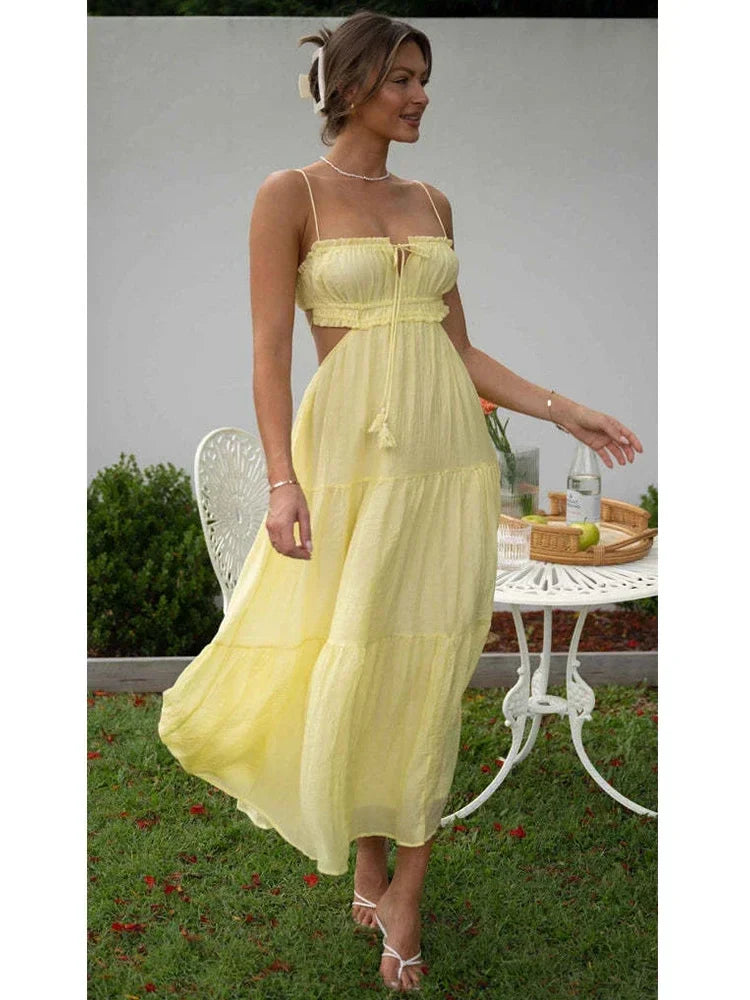 nvxiot Strapless Yellow White Summer Dress for Women Elegant Holiday Beach Boho Maxi Long Sundress Backless Sexy Party Vestidos