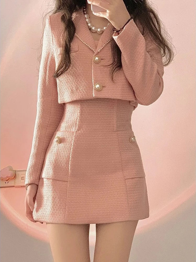 nvxiot-Autumn Pink Elegant Two Piece Set Women Korean Style Balzer Coat+Strap Mini Dress Set Female Solid Casual Slim Designer Set 2024