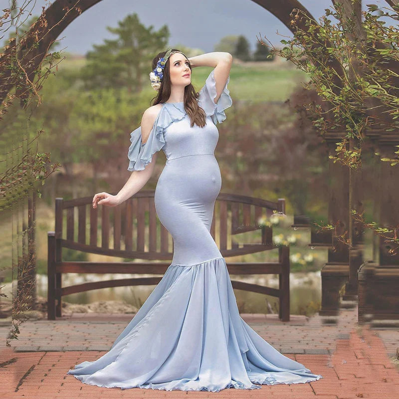 MQTIME  -   Long Chiffon Sleeve Tired Mermaid Maternity Dress for Photoshoot Photography Baby Shower