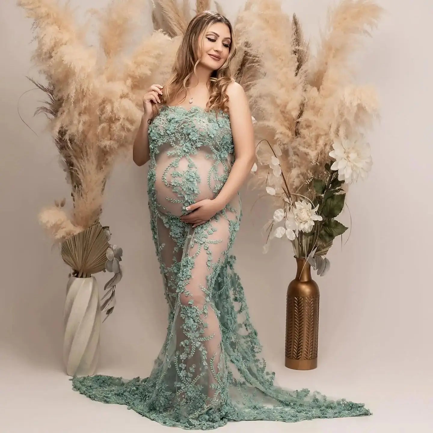 nvxiot  -  Exquisite Women Maternity Photoshoot Robes Lace Appliques Sleeveless Pregnancy Dresses Sexy See Thru Baby Shower Party Gowns