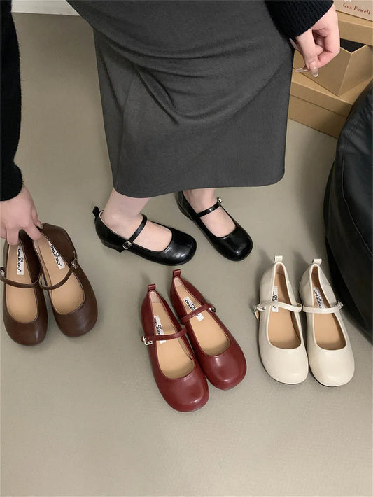 nvxiot Round Toe Women Flats Loafers Black Brown Beige Red 2024 New Arrivals Belt Buckle Ballet Dance Shoes Woman Mary Janes Size 35-39