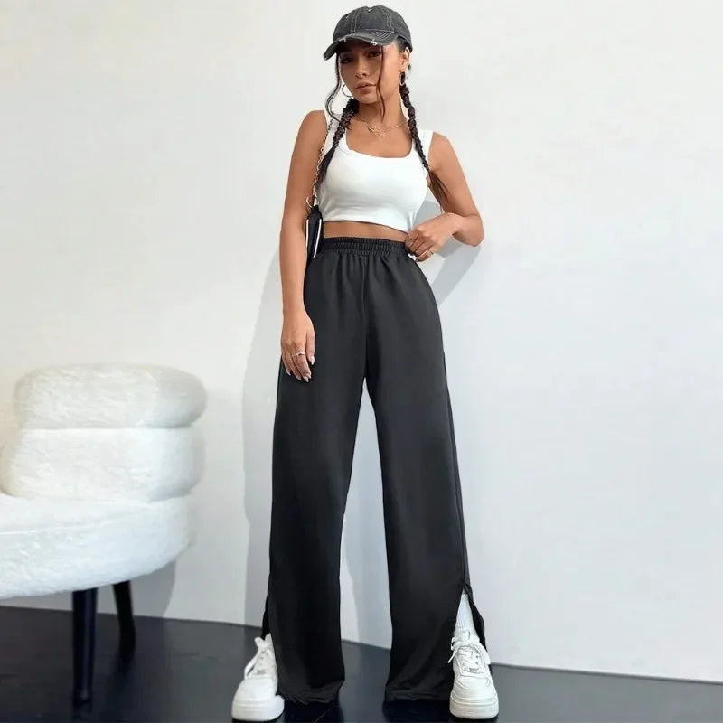 MQTIME  -  2024 Autumn/Winter Women's Fashion Casual Sports Pants Elastic Waist Wide Leg Straight Leg Guard Pants Korean Clothes YSQ53