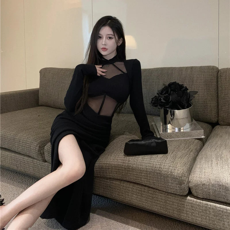 nvxiot-CLUB OUTFITS Long Sleeve Dresses Women Halter Elegant Black Sexy Slit Fashion Skinny Spring Hotsweet Sheer European Style Ankle-length Party