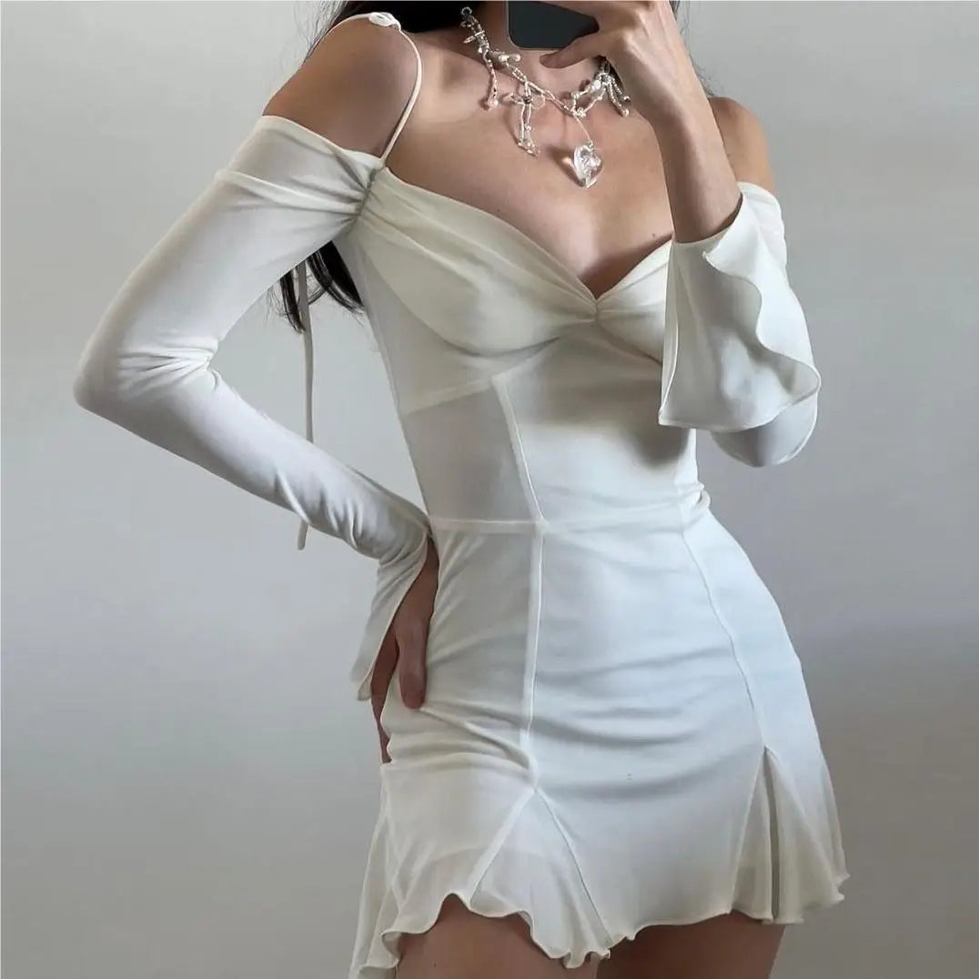 nvxiot Long sleeve dresses for women 2024 Summer dress korean fashion mini dress elegant white kawaii clothes evening dresses backelss