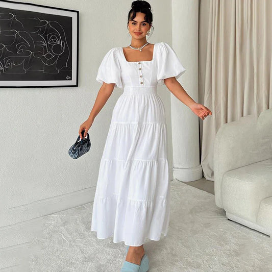 nvxiot Elegant Square Neck New In Dresses For Women Vintage Short Sleeve A-Line Long Dress Backless Office Ladies White Midi Dress