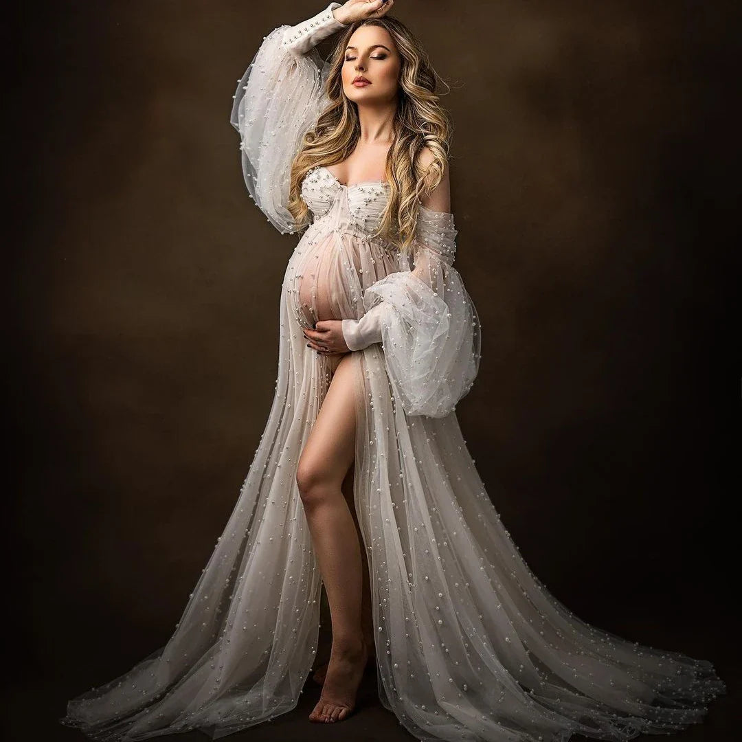 nvxiot  -  Bohemian Ivory Maternity Robes for Photo Shoot Luxury Pearls Prgnant Women Dresses Off Shoulder Front Split Baby Shower Gowns