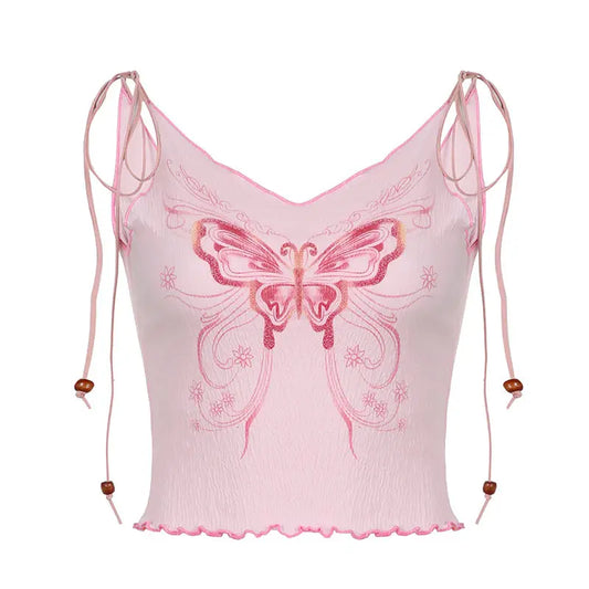 MQTIME  -  Y2k Lace-up Trim Mini Vest for Women Pink Knit Vest V-Neck Cute Fairy Core Vest Trendy T-shirt Korean Summer 2024