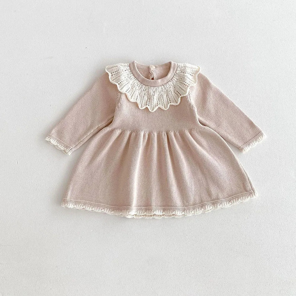 MQTIME  -   New 2024 Autumn Girl's Knitted Dress Children's Sweet Lotus Leaf Collar Sweater A-line Princess Dress Kid's Clothing