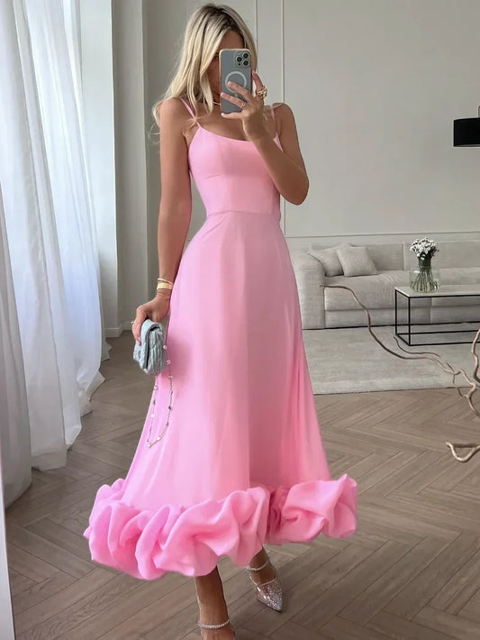 nvxiot 2024 Women Spaghetti Strap A-line Ruffles Pink Evening Dresses Elegant Sweet Sleeveless Backless Zip-up Green Party Prom Dress