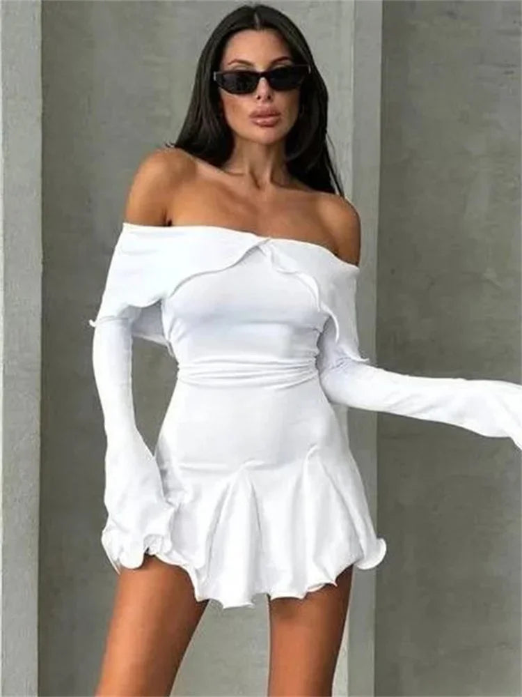 nvxiot  -  Ruffled Off-Shoulder Casual MIni Dress For Women Long Sleeve Patchwork Solid High Waist Party Dress Female Dress Autumn