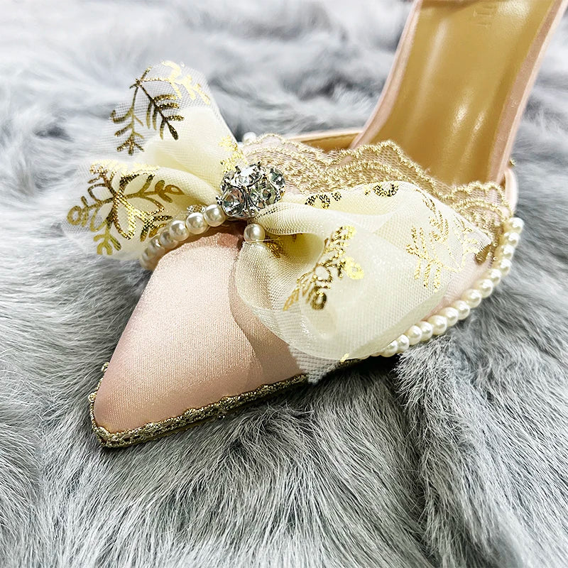 nvxiot Original Bride Vintage Lolita Flower Wedding High Heels Tea Party Flower Pointed Bow Tie Women's Shoes Wedding Shoes