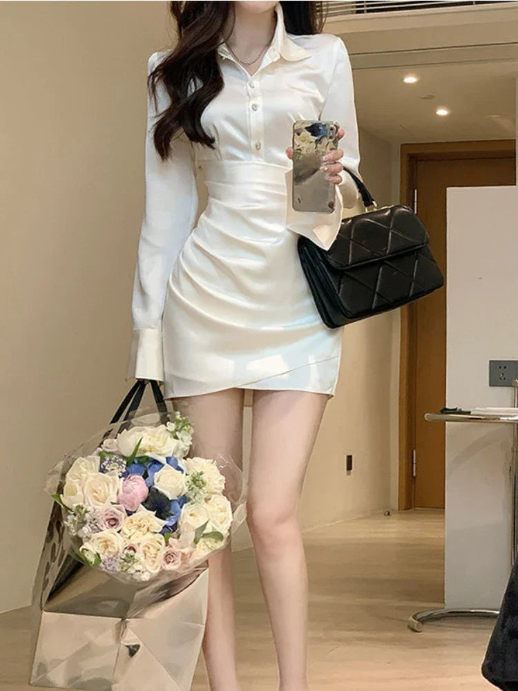 nvxiot-Winter Elegant Satin Dress Women France Button Designer Party Mini Dress Female Korean High Waist Solid Casual Slim Dress 2024