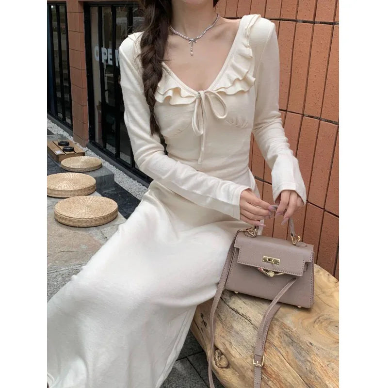 MQTIME  -   High Waist Ruffled Maxi Dresses for Women Knitted Long Dress Korean Style Vintage Elegant Autumn Winter Bandage Dresses