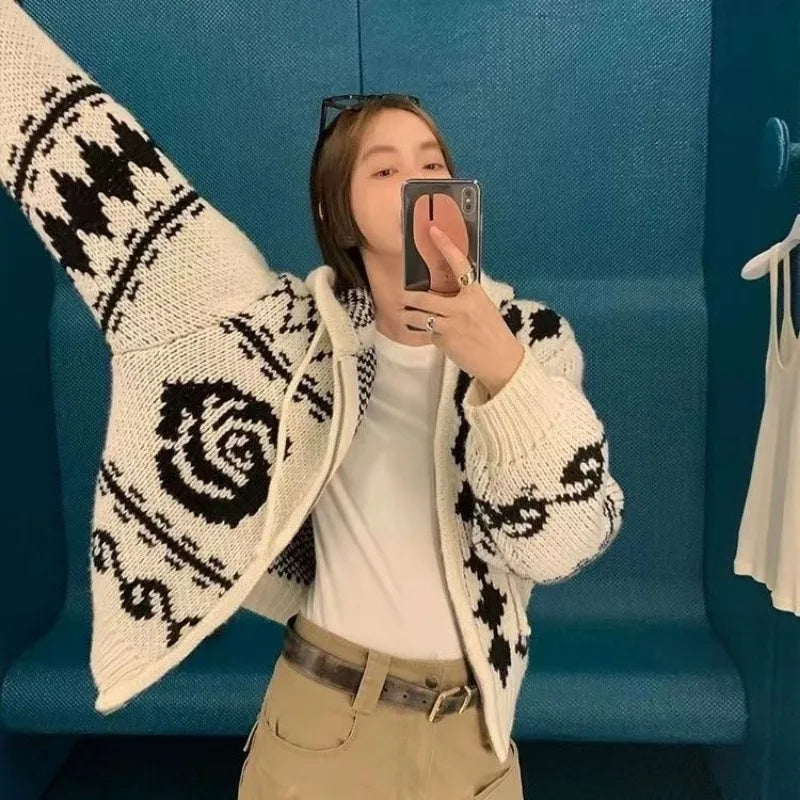 MQTIME -  Y2k Vintage Zipper Cardigan Women Oversize Winter Harajuku Knit Sweater Korean Fashion Hooded Jumper Aesthetic Knitwear