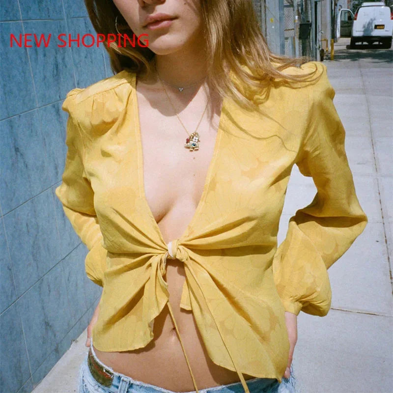 MQTIME  -  Tie Dye Print Long Sleeve Crop Top Women Bandage Y2K Sexy Ruffles Blue V Neck 2024 New Summer Spring Casual T Shirts 90s Vintage