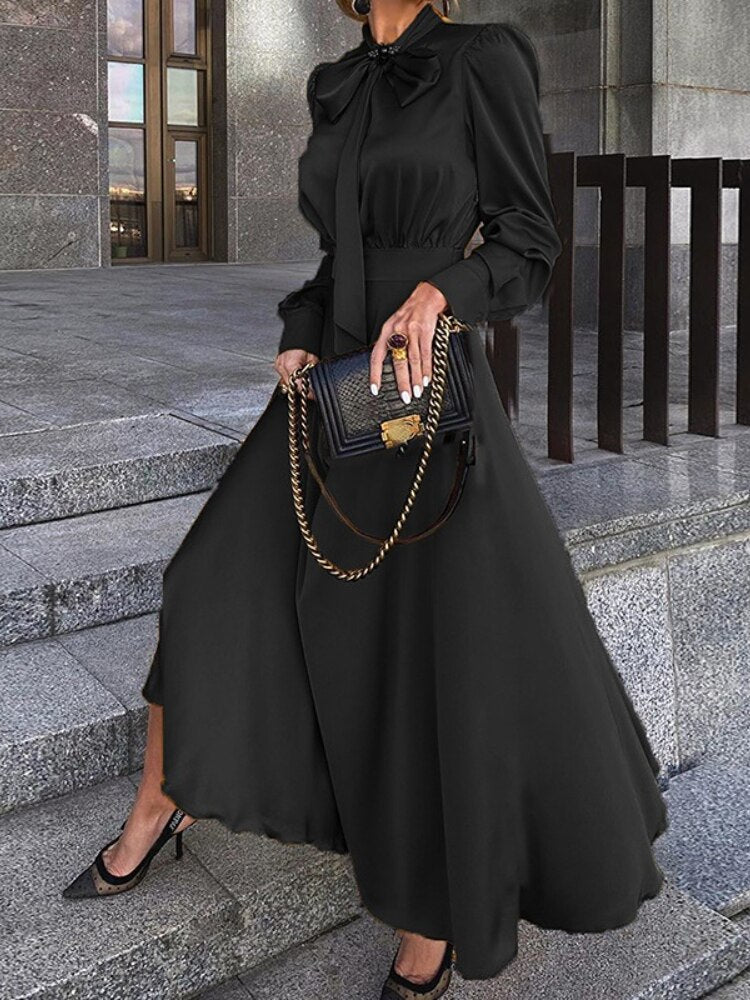 nvxiot Black Dress Vintage 2023 Fashion Spring Summer Long Sleeve French Elegant Chic Dress Ankle-Length Bow Clothing for Women Robe