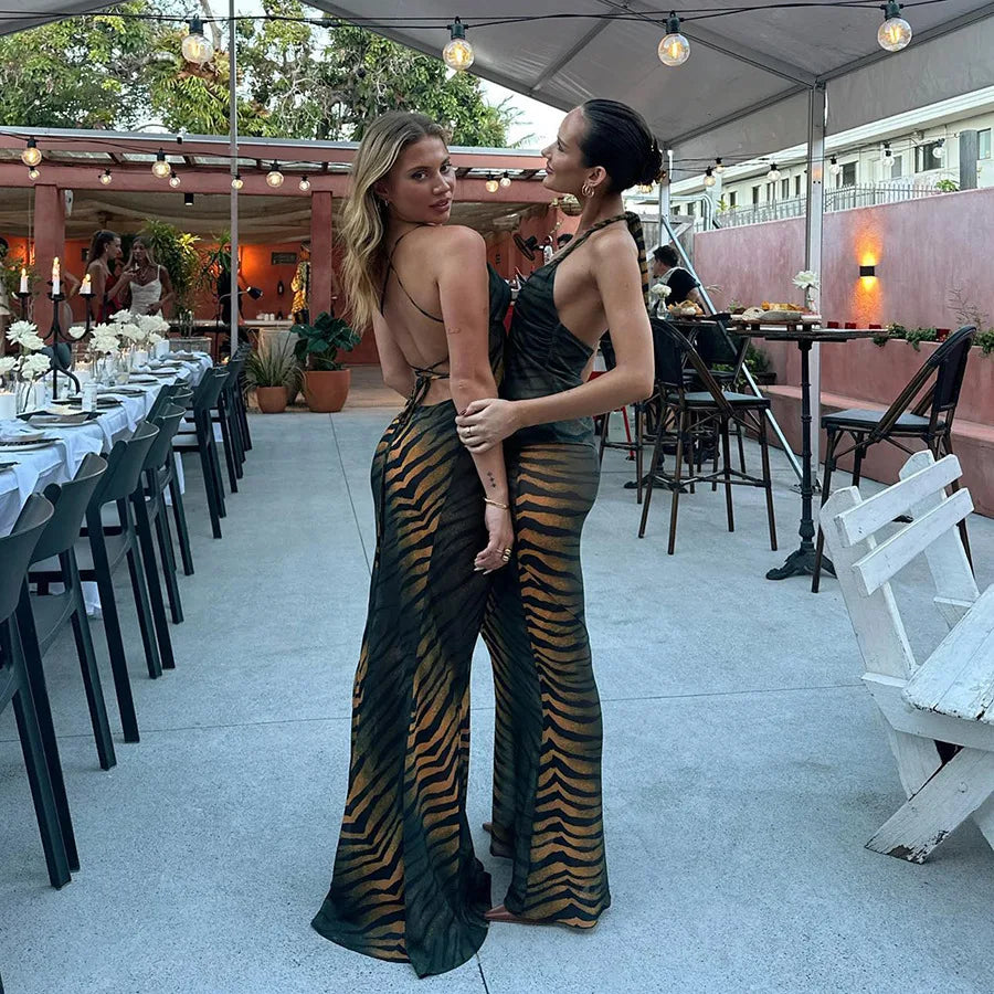 nvxiot-Dress To Impress Leopard Chiffon Sexy Halter Strap Backless Beach Dress Women See Through Maxi Dresses Summer 2024 Holiday Birthday Party Dress