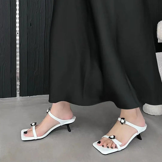 nvxiot Open Toe Women Slippers Black White Silver Summer Outside Slides Mules Shoes Thin High Heels Flower Design Shallow Slip On Party