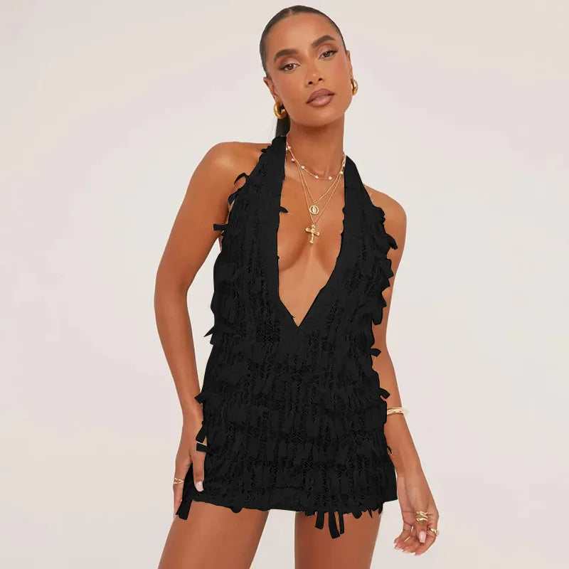 nvxiot  - Mesh Tassel Lace Bodycon Mini Halter Dress Women Sexy Deep V-neck Lace Up Ruffles Ribbon Backless Party Clubwear Beach Outfits