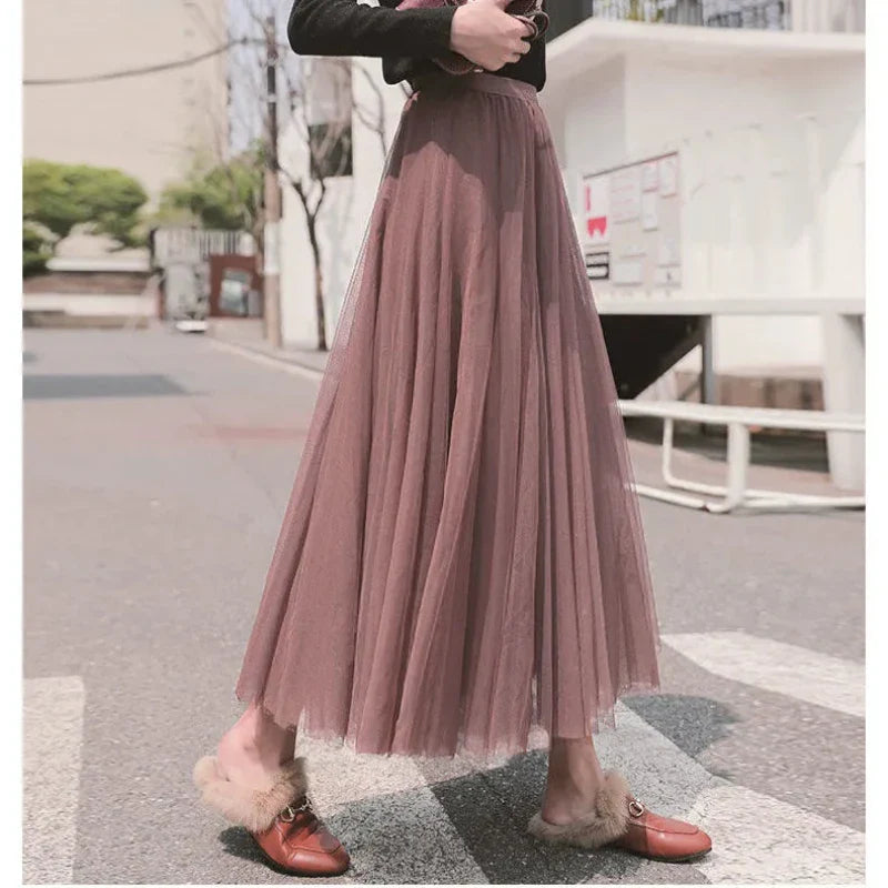 nvxiot stylish dress 2024 Vintage Elegant Skirt Women Streetwear Elastic High Waist Mesh Pleated Skirts Summer Korean A Line Office Ladies Skirt New