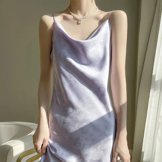 nvxiot  -  French Satin Slip Dress, Women's Summer Sense of Luxury, Triple Acetate Jacquard Swing Neck Thin Temperament