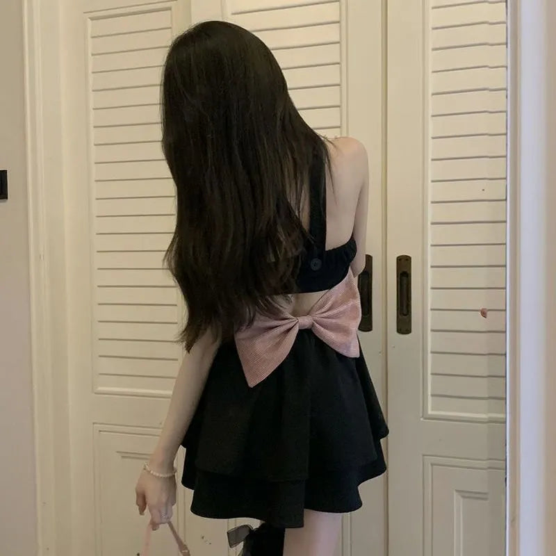 nvxiot-Summer Black Strap Kawaii Dress Women Casual Bow Sweet Party Mini Dress Female Casual Korean Fashion Elegant Cute Dress 2024