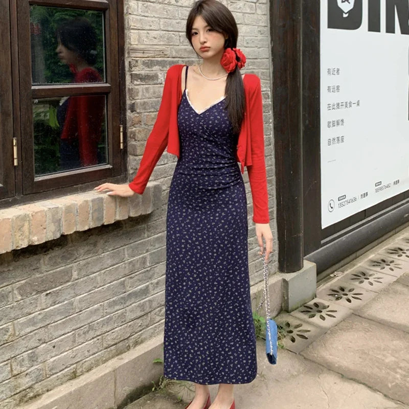 MQTIME  -  2024 Summer Blue Print Chic Lace V-Neck Sling Dress+Red Knitted Cardigan Two Piece Sets Women Koorean Elegant Casual Dress Sets