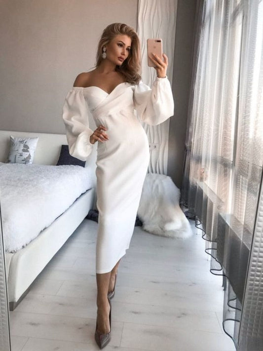 nvxiot Sweetheart Neck Dresses for Women Long Lantern Sleeve Folds Mid-calf Elegant Backless Lady Evening Party Club White Gown