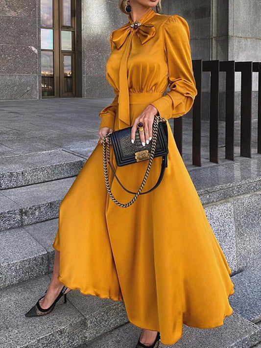 nvxiot Black Dress Vintage 2023 Fashion Spring Summer Long Sleeve French Elegant Chic Dress Ankle-Length Bow Clothing for Women Robe