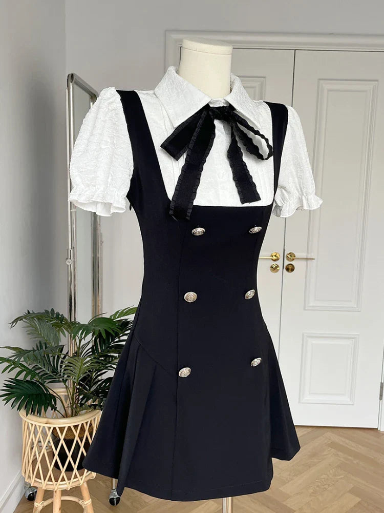 nvxiot Stylish Japanese Sweet Fake Two Piece Dress Women Bow Preppry Style Y2k Vintage Mini Dress Female Princess Cute Chic Clothes 2024 Spring