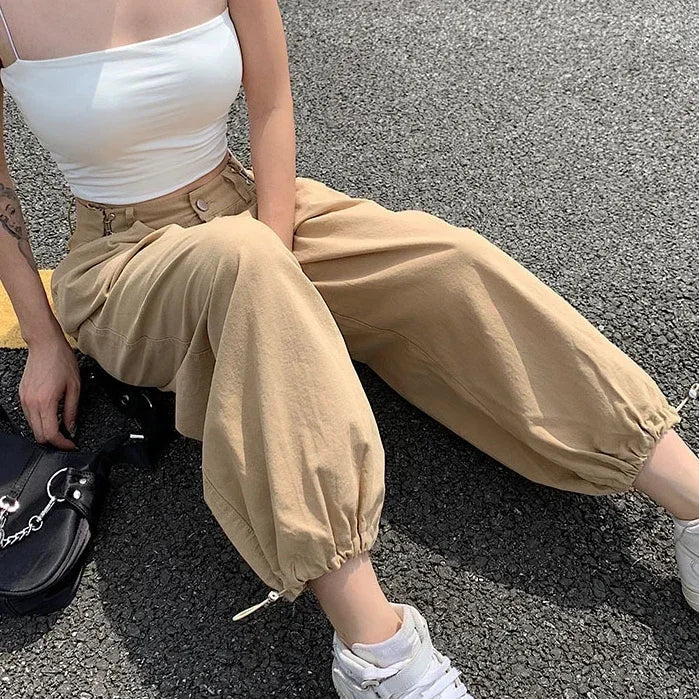 MQTIME  - Women Y2K Khaki Adjustable Waist Oversized Cargo Pants Loose  Fashion New Drawstring 90s Long Pant Fall Hip Hop Streetwear