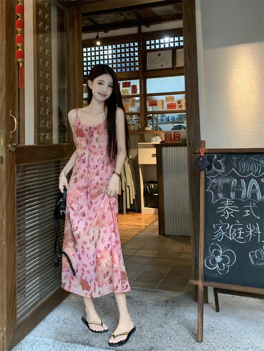 MQTIME  -  New style camisole dress for early spring 2024, French tea break, gentle and slim and long lace up floral long dress for women