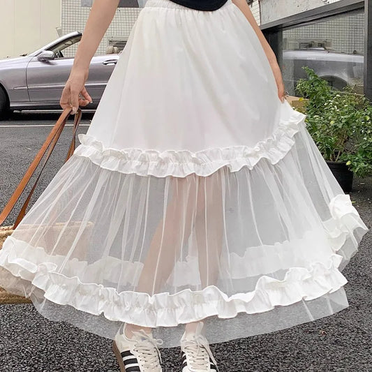 nvxiot  - Solid Color Elegant Ladies Elastic Fashion Patchwork Net Yarn High Waist A-line Skirt Summer Sweet White Black Women's Clothing