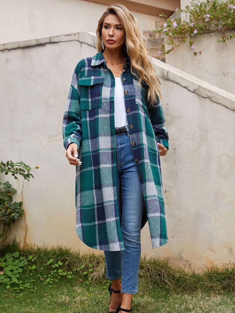 nvxiot Plaid Jacket Women Shirts Coats Turn-down Collar Casual Wool Coats High Streetwear Long Coats Ladies Winter Coats 2022