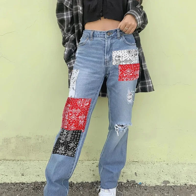 MQTIME  -  New Fashion Streetwear Bandana Patchwork Denim Pants Hole Ripped Jeans Women Fashion High Waist Jeans Straight Trousers