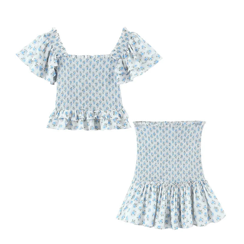 nvxiot Ruffles Tiered Floral Print Blue Women Summer Bodycom Mini Dress Set Butterfly Sleeve Vintage French Style 2 Pcs Outfit