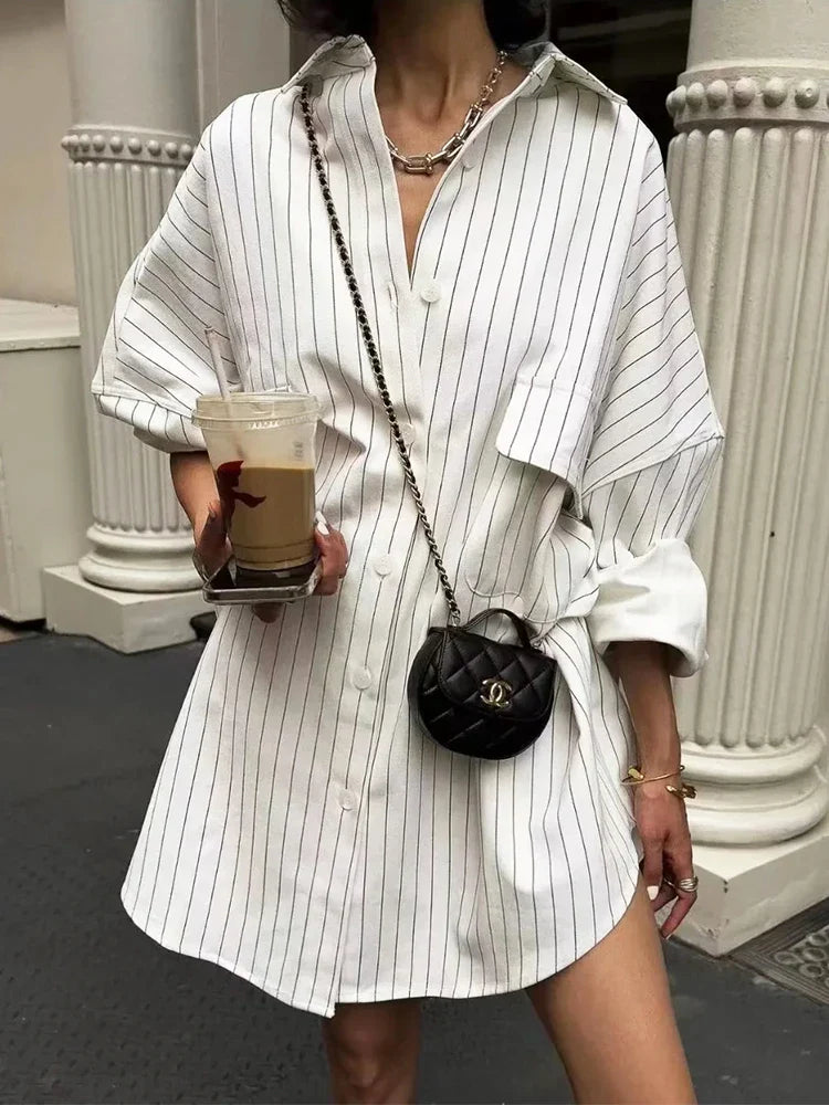 nvxiot White Stripe Shirt Dress Women Autumn Spring Slit Casual Oversize Single Breasted Turn Down Collar Short Summer Dress