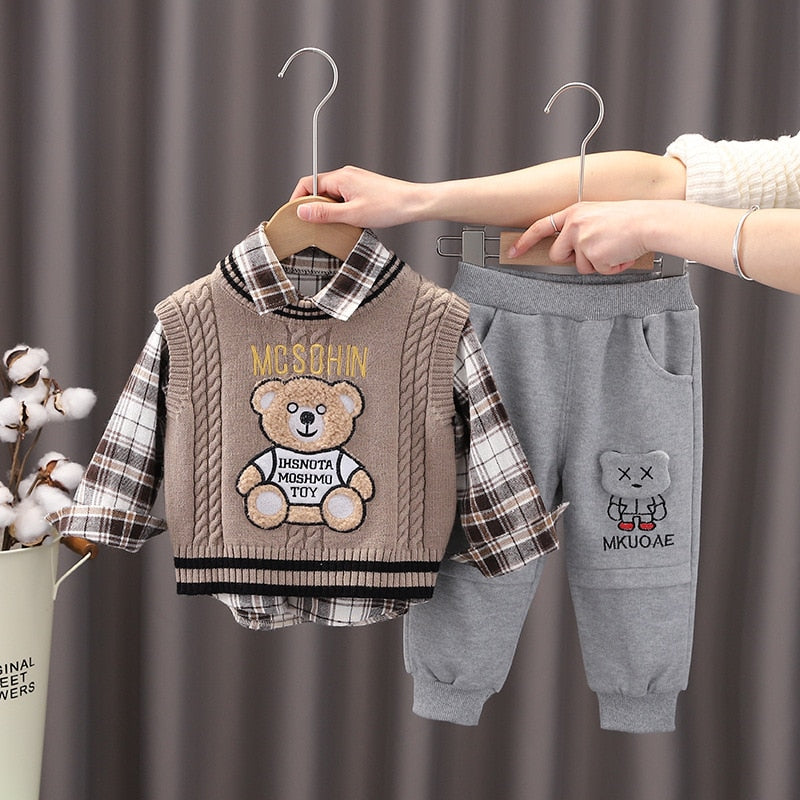 nvxiot New Spring Autumn 3PCS Boys Clothing Set Cartoon Bear Sweater Vest Long Sleeve Shirts Cotton Pants Baby Boys Clothes