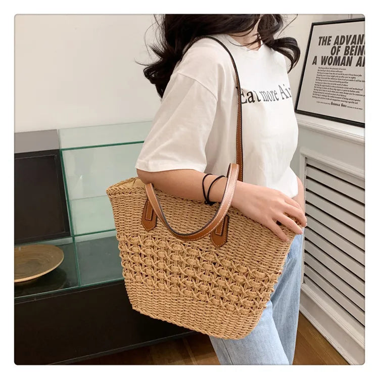 MQTIME  -   Summer Beach Large Capacity Handbags For Women Retro Beige Khaki Straw Weave Tote Bags Fashion Casual Shopping Shoulder Bag 2024