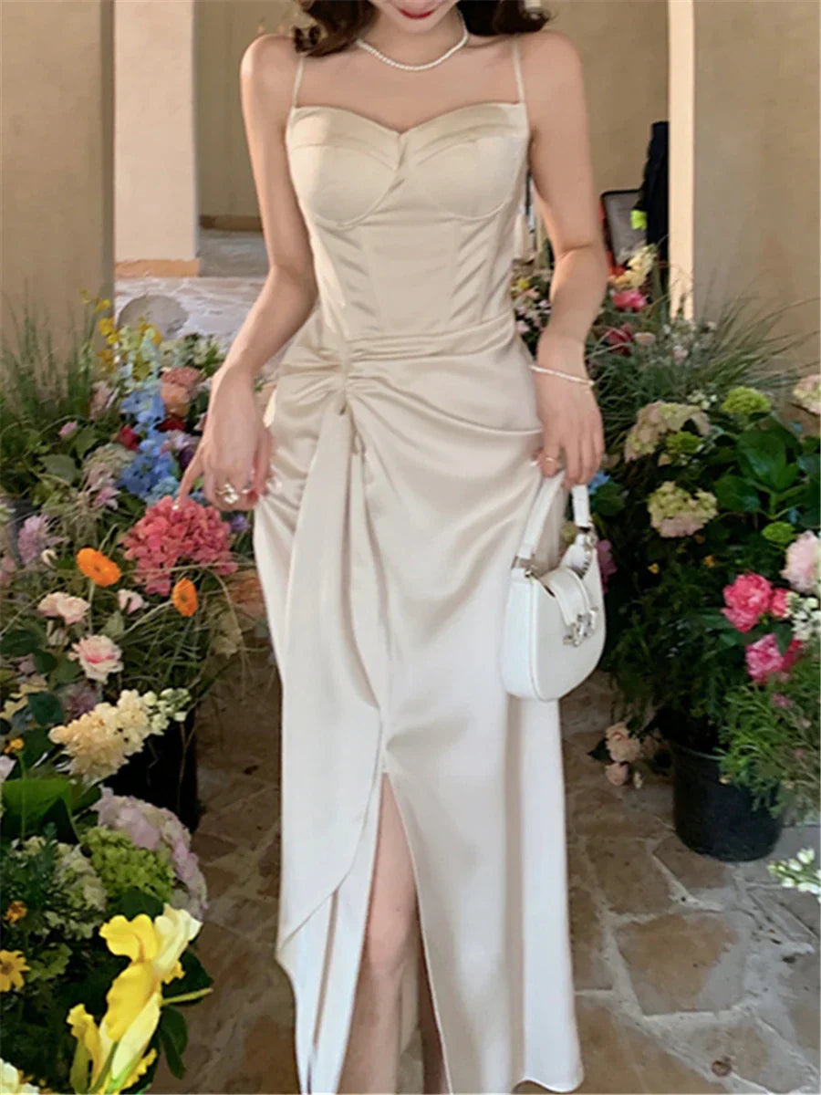 nvxiot-Elegant Vintage Midi Dresses for Women Sleeveless Fashion Spli Solid Square Collar Spaghetti Strap Party Dress New Summer 2024