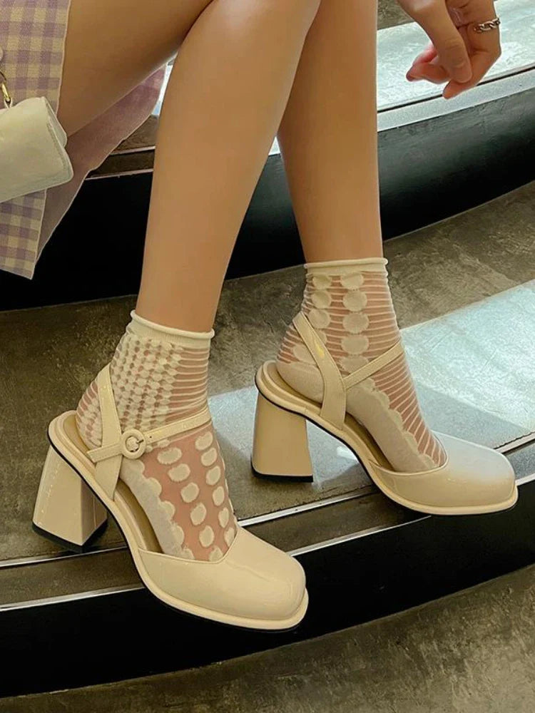 nvxiot Sandals Buckle Shoes Summer High Heels Women's Hollow Out Elegant Pure Color Shoes Ladies Beach Korea Fashion Party Shoes