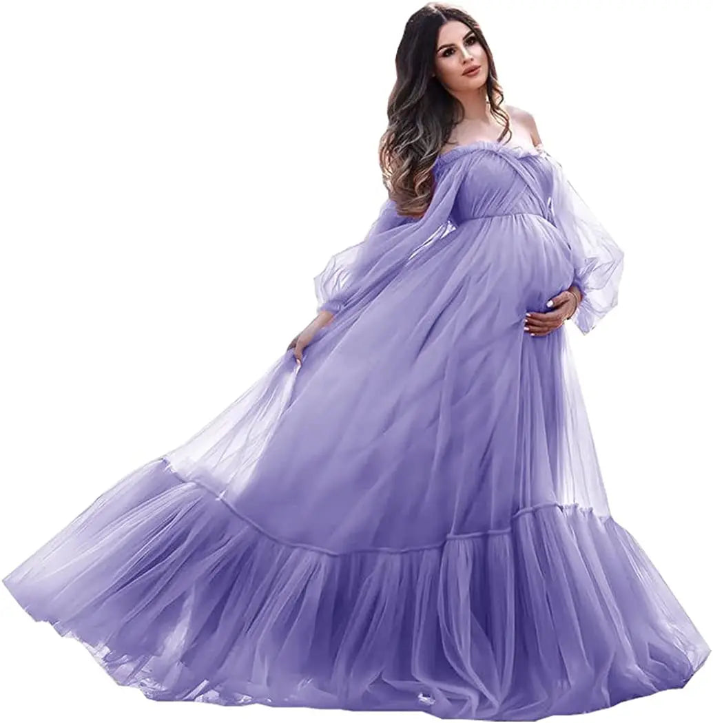 nvxiot  -  Puffy Sleeve Maternity Dress Tulle Robe With Underskirt for Photoshoot Off Shoulder Pregnancy Baby Shower Gown