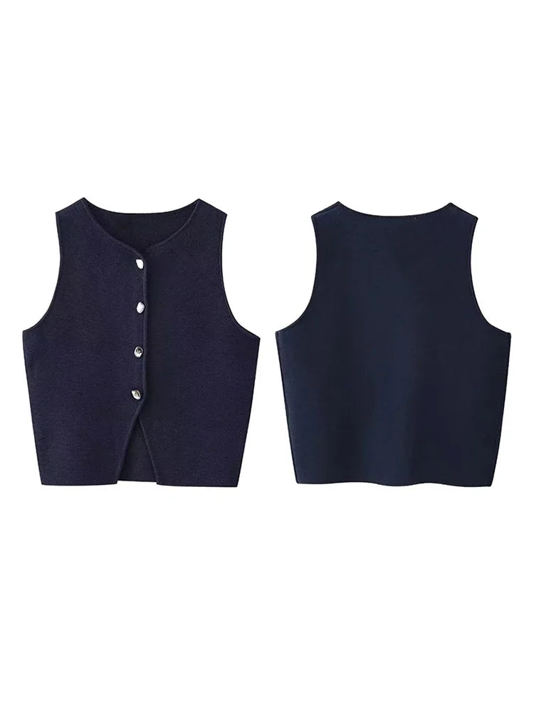 MQTIME  -  Vintage Sleeveless Knitted Cardigan Sweater For Women 2024 Summer Elegant O-neck Single Breasted Crop Top New Fashion Streetwear