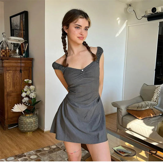 MQTIME  - Retro Spicy Girl Sexy Grey Dress Women's V-neck Side Zipper Waist Hotsweet Slim A-line Wide Strap Dress Summer Short Y2k Dresses