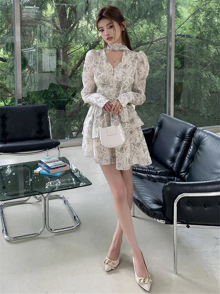 nvxiot-New Floral Women Slim Midi Dresses 2023 New Autumn Streetwear Long Sleeved V-neck Vintgae Elegant Ladies Waist Dress Korean