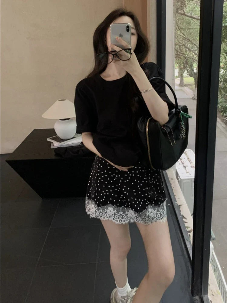 MQTIME  -  Vintage Dot Print Black Skirt Women Lace Patchwork Elastic High Waist Mini Skirts Summer Korean Fashion Cutecore Clothes